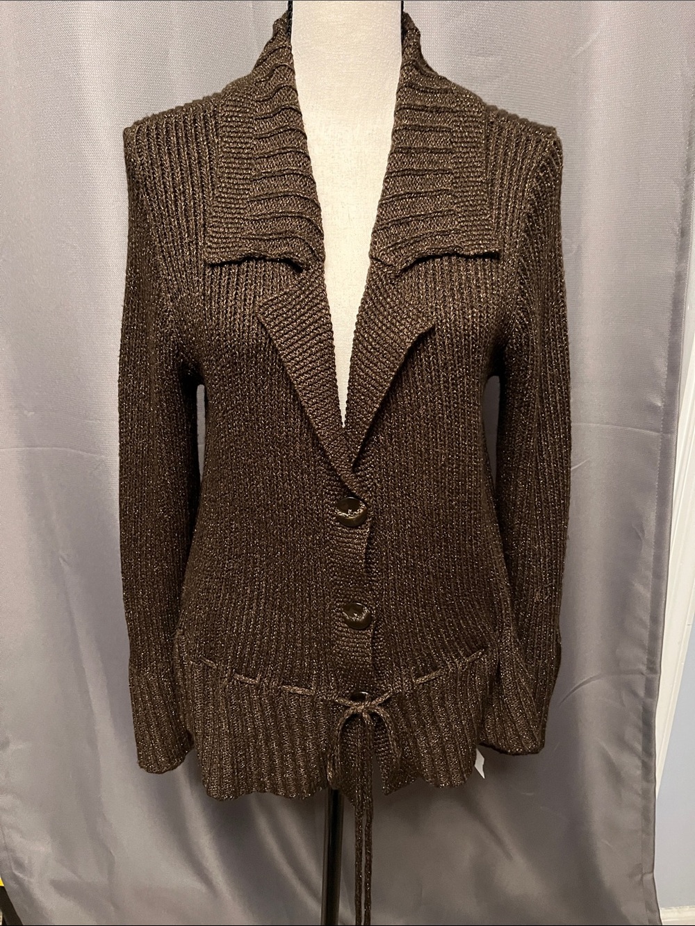 J. Jill Brown Ribbed Shawl-Collar Cardigan with Drawstring